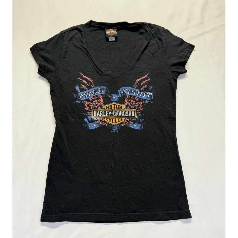 Harley Davidson Womens Tee M Black V-neck Free Spirit Rhinestone Tshirt